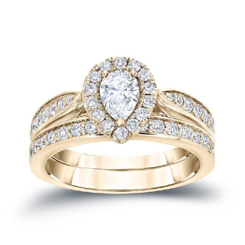 Engagement rings with sleek rose gold twists -14k Gold 1ct TDW Pear Shaped Diamond Halo Engagement Ring Set by Auriya