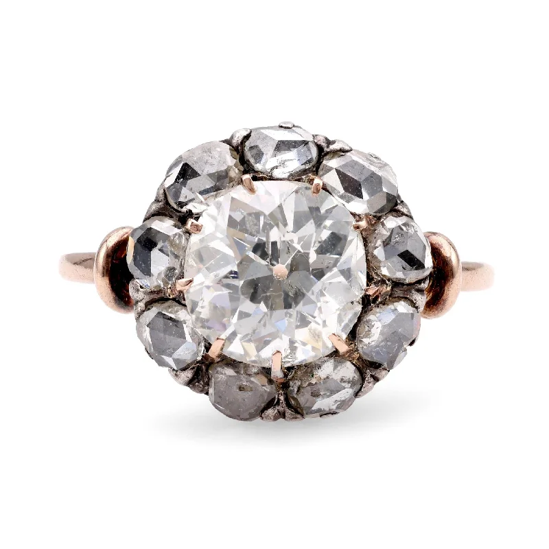 Engagement rings with cluster topaz for dazzle -Antique Style 1.74 Carat Old Mine Diamond 18K Rose Gold Silver Cluster Ring