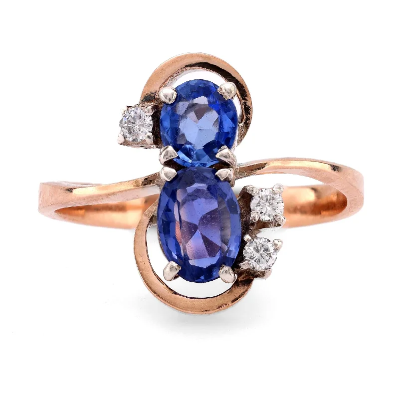 Engagement rings with channel-set tiger eye bands -Antique style sapphire diamond 10k rose gold silver Toi Et Moi ring