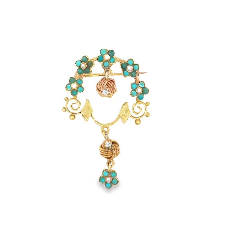 Engagement rings with bezel-set smoky quartz -Antique Victorian Turquoise, Pearl, and Diamond Pendant/Brooch in Yellow Gold