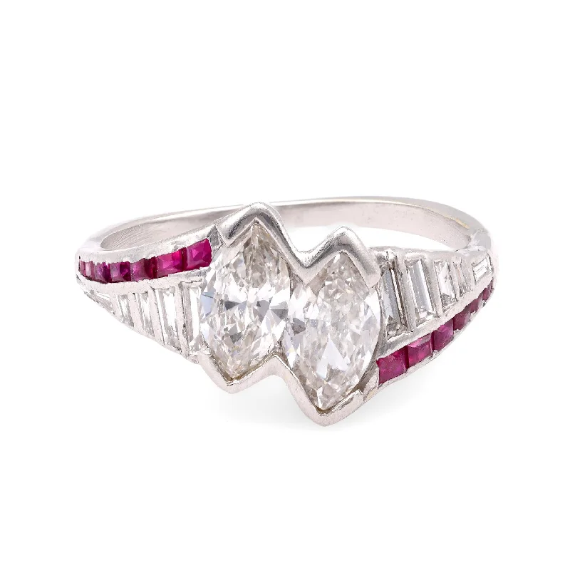 Engagement rings with floral halo of topaz -Art Deco Diamond Ruby Platinum Two Stone Ring