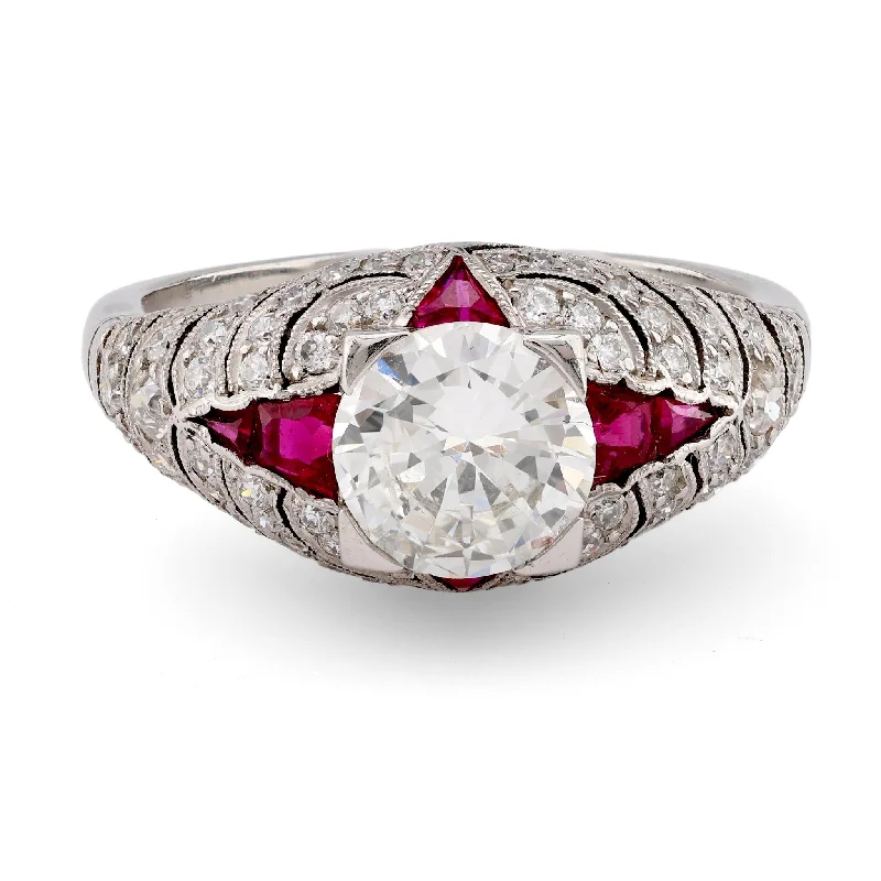 Silver engagement rings with affordable peridot gems -Art Deco Inspired 1.03 Carat Round Brilliant Cut Diamond Ruby Platinum Ring