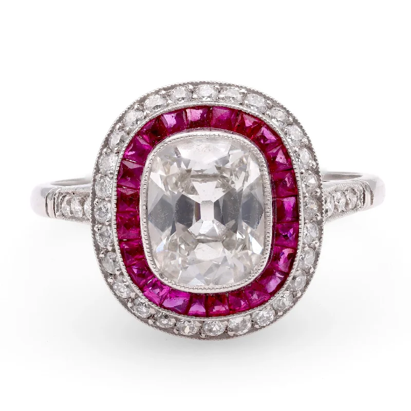 Engagement rings with trillion-cut peridot accents -Art Deco Inspired 1.24 Carat Diamond Ruby Platinum Target Ring