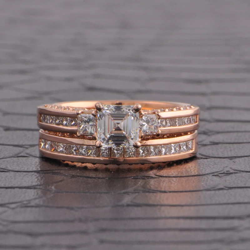 Engagement rings with east-west moonstone settings -Asscher Cut Diamond Engagement Ring and Wedding Band in Rose GOld