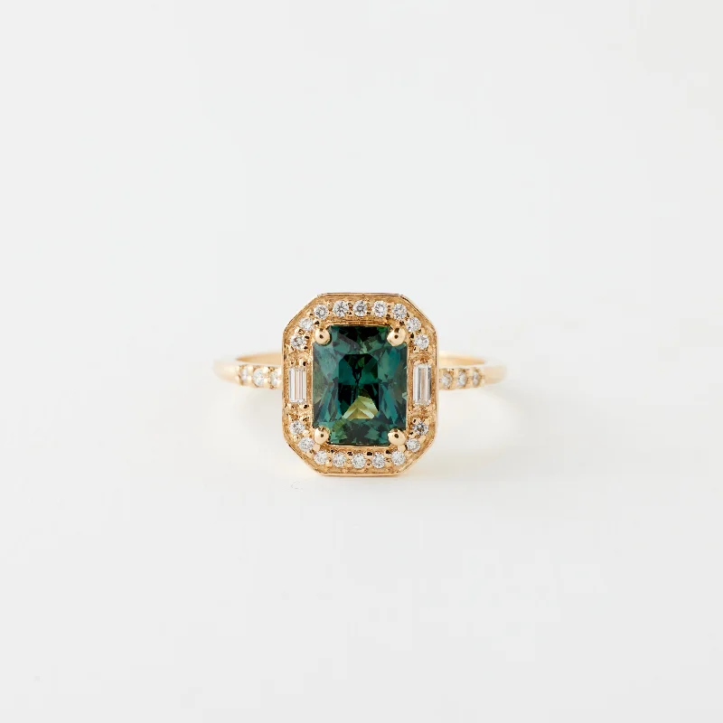 Engagement rings with bold black onyx halos -Athena Ring - 1.86 Carat Green-Teal Radiant Sapphire