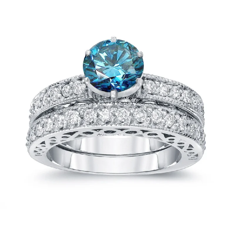 Custom engagement rings with engraved floral bands -Auriya 14k Gold 1 1/2ctw Blue Diamond Engagement Ring Set