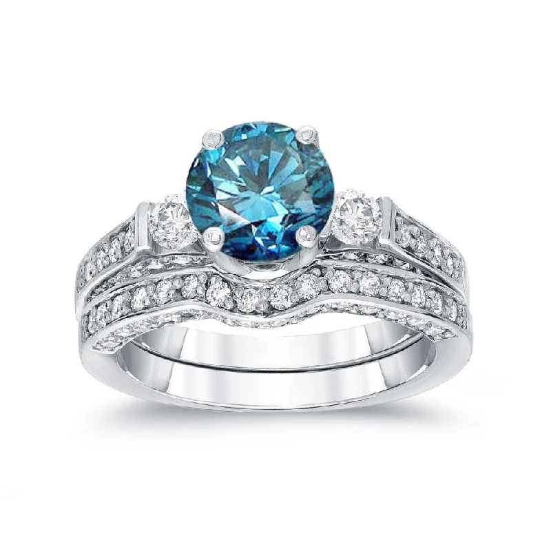 Engagement rings with double halo of opal -Auriya 14k Gold 2ctw 3-Stone Blue Diamond Engagement Ring Set