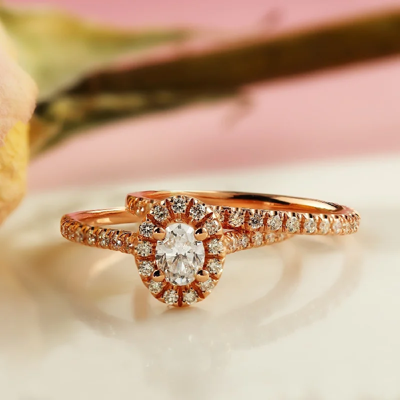 Engagement rings with hexagonal-cut sapphire gems -Auriya 14k Rose Gold 1ctw Halo Oval Diamond Engagement Ring Set