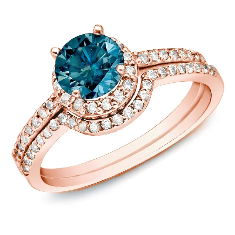 Engagement rings with yellow gold raw topaz -Auriya 14k Rose Gold 1ctw Round Blue Diamond Halo Engagement Ring Set