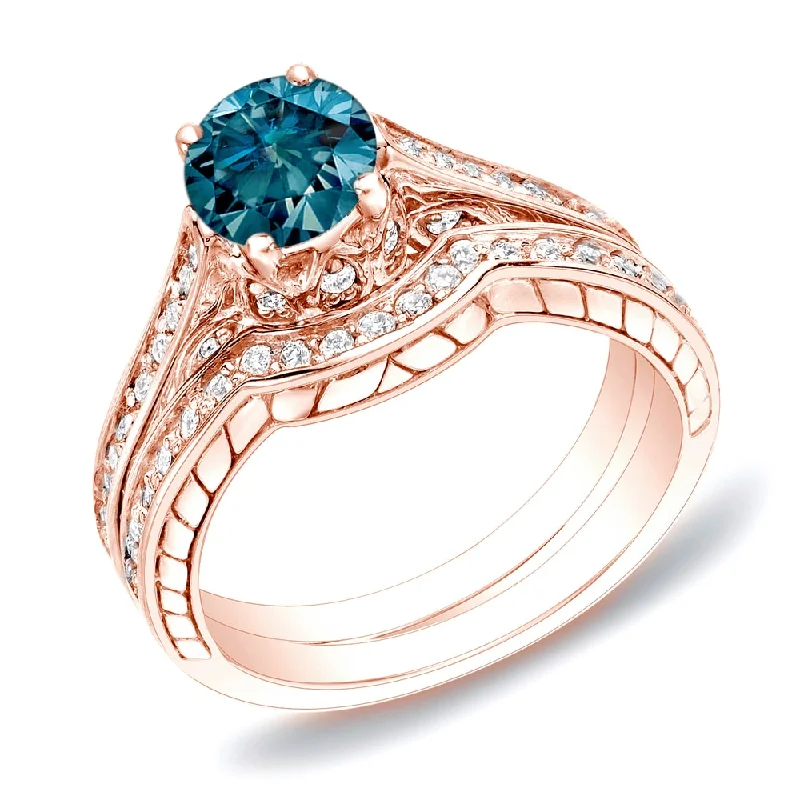 Engagement rings with double halo of opal -Auriya 14k Rose Gold 1ctw Unique Blue Diamond Engagement Ring Set