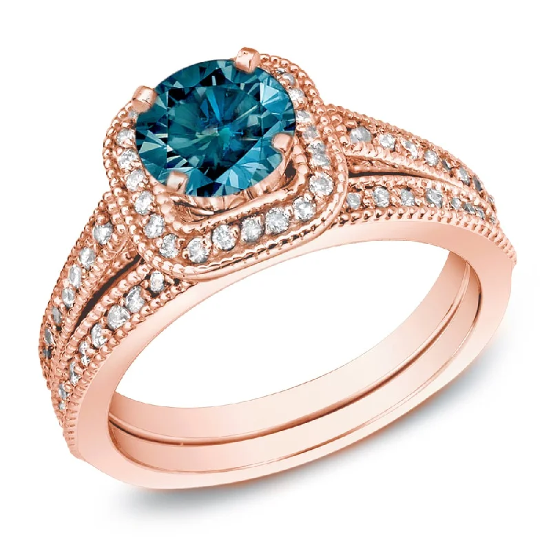 Engagement rings with sleek onyx for contrast -Auriya 14k Rose Gold 1ctw Unique Blue Diamond Halo Engagement Ring Set