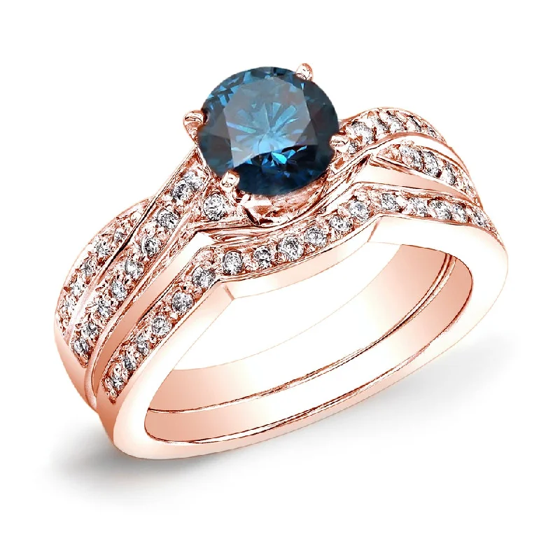 Engagement rings with vibrant tourmaline for color -Auriya 14k Rose Gold 3/4ctw Twisted Round Blue Diamond Engagement Ring Set