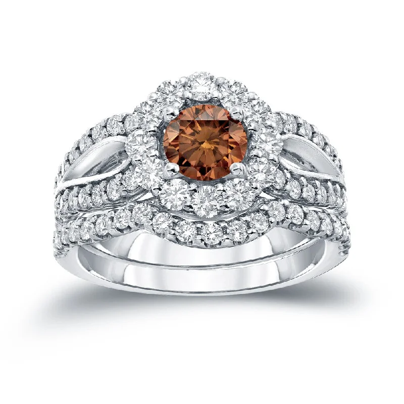 Engagement rings with vine-inspired topaz bands -Auriya 2 1/3ctw Halo Brown Diamond Engagement Ring Set 14k Gold