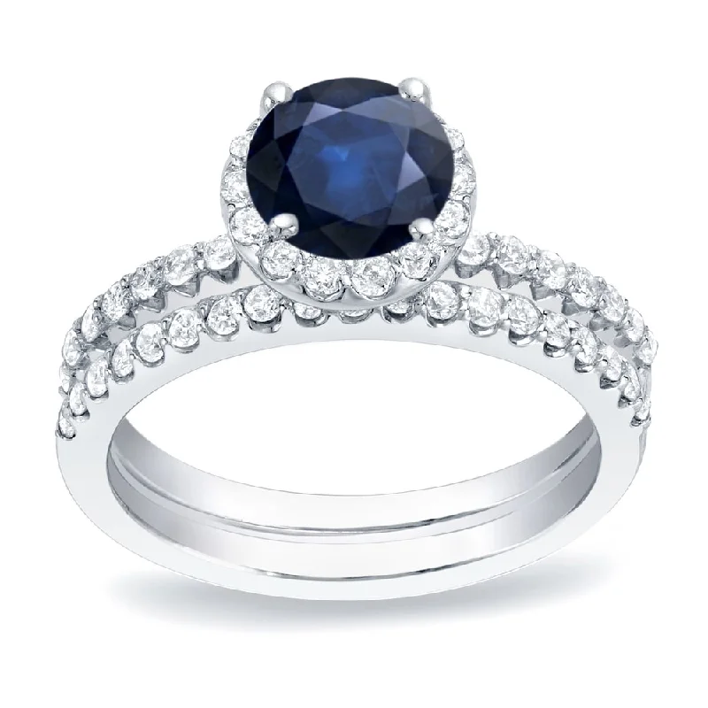 Engagement rings with sleek rose gold twists -Auriya Platinum 1/2ct Blue Sapphire Halo Diamond Engagement Ring 3/4ctw