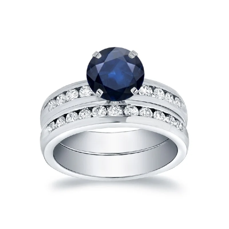 Engagement rings with classic round sapphire brilliance -Auriya Round 3/4ct Sapphire and 3/4ct TDW Channel Set Diamond Engagement Ring Set 14k Gold