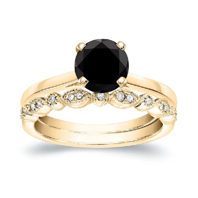 Engagement rings with classic pave garnet bands -Auriya Vintage Stackable 7/8ctw Solitaire Black Diamond Engagement Ring Set 14K Gold