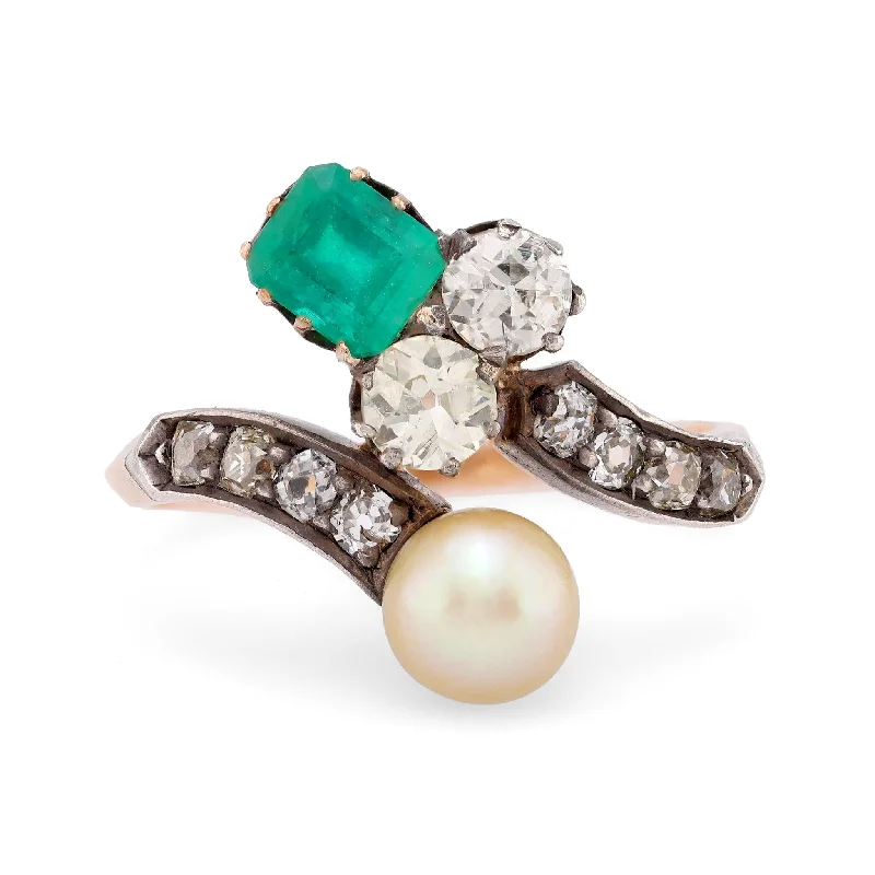 Engagement rings with halo of tiny rubies -Belle Époque emerald pearl diamond 18k rose gold silver Toi Et Moi ring