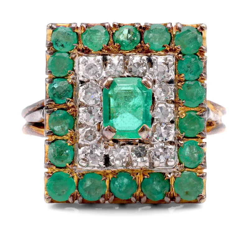 Engagement rings with floral malachite halo settings -Belle Époque French Emerald Diamond 14K Yellow Gold Halo Ring