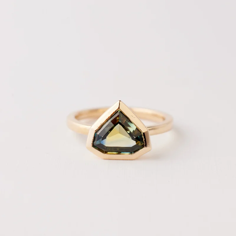 Engagement rings with minimalist moonstone center gems -Caledonia Ring - 2.19 Carat Green Yellow Shield Parti Sapphire