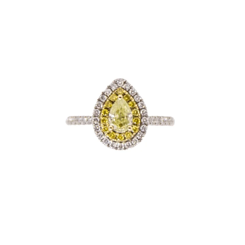 Engagement rings with pave-set citrine for warmth -Pear Shaped Yellow Diamond Double Halo Ring - 18ct Gold