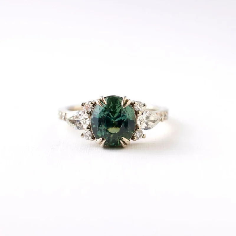 Engagement rings with vintage oxidized gold finish -Rosalind Ring - 2.56 Carat Green Oval Sapphire