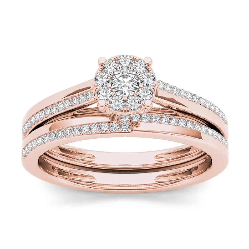 Engagement rings with spiral onyx for edge -De Couer 10k Rose Gold 1/3ct TDW Diamond Cluster Engagement Ring Set with One Band