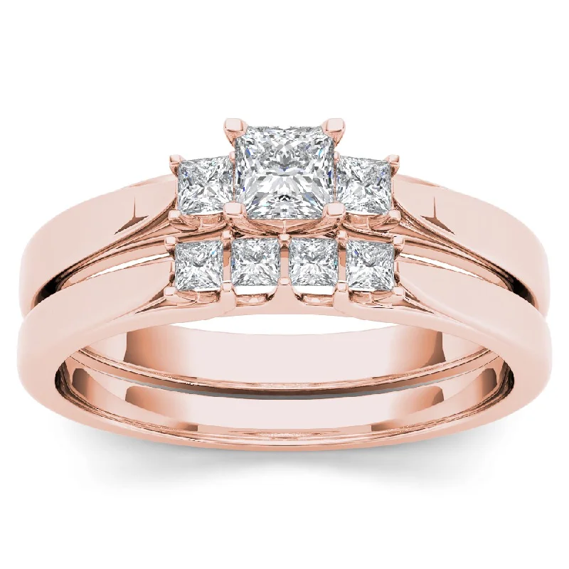 Engagement rings with pave-set turquoise accents -De Couer 14k Rose Gold 1/2ct TDW Diamond Three-Stone Engagement Ring Set with One Band