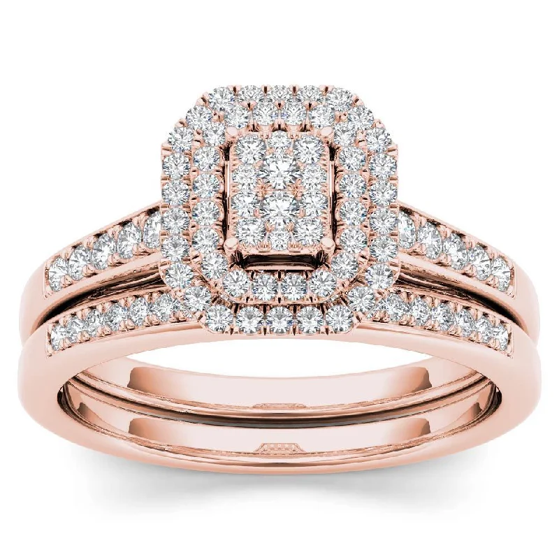 Engagement rings with bold raw opal stones -De Couer 14k Rose Gold 1/3ct TDW Diamond Cluster Halo Engagement Ring Set