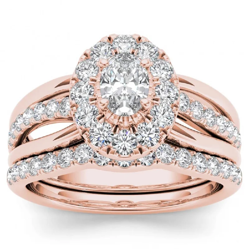 Engagement rings with cluster topaz for dazzle -De Couer 14k Rose Gold 1ct TDW Oval Shape Diamond Halo Bridal Ring Set