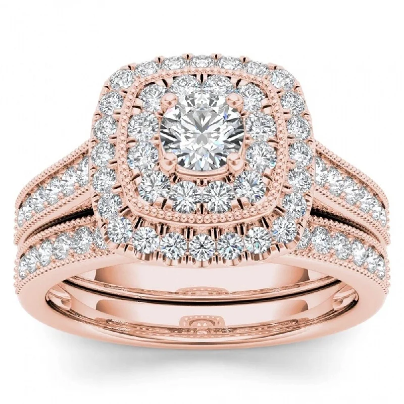 Engagement rings with vibrant tourmaline for color -De Couer 14k Rose Gold 3/4ct TDW Diamond Double Halo Bridal Ring Set