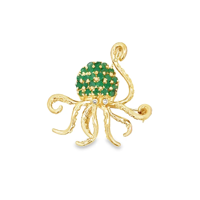 Engagement rings with sunburst aquamarine arrangements -Emerald Accented Octopus Pin / Pendant in Yellow Gold