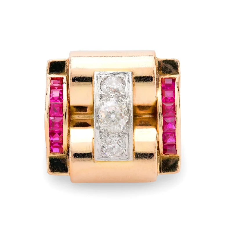 Engagement rings with modern open-band opal -French retro 18k rose gold diamond synthetic ruby tank ring