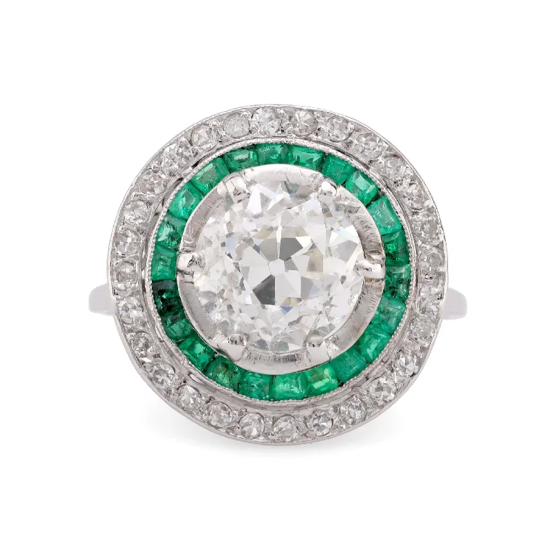 Engagement rings with art deco emerald settings -GIA 2.31 Carat Old European Cut Diamond Emerald Platinum Target Ring