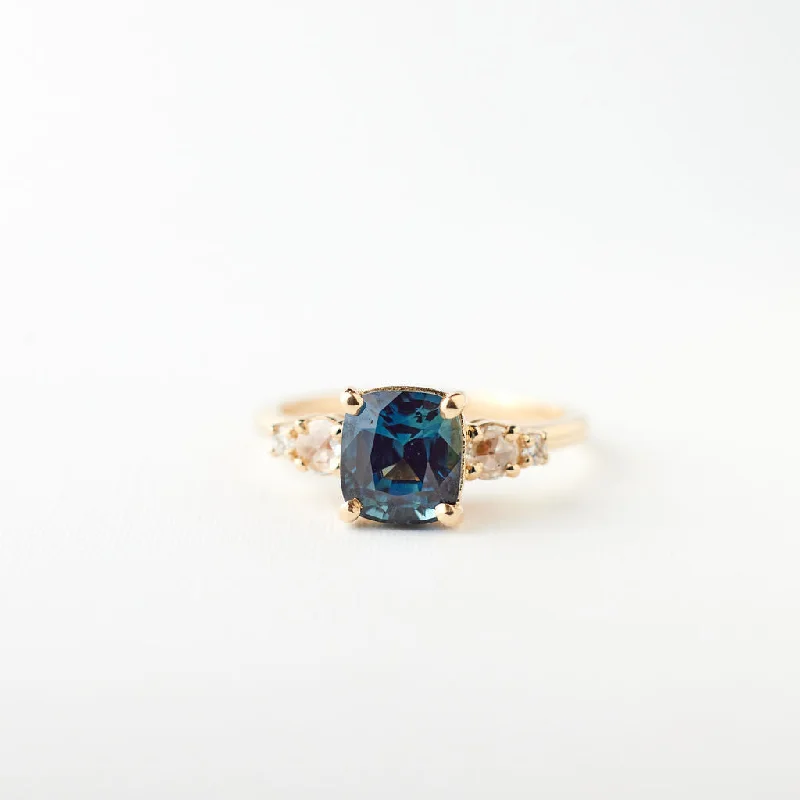 Engagement rings with carved turquoise for boho -Isa Ring - 2.04 Carat Green Blue Cushion Sapphire