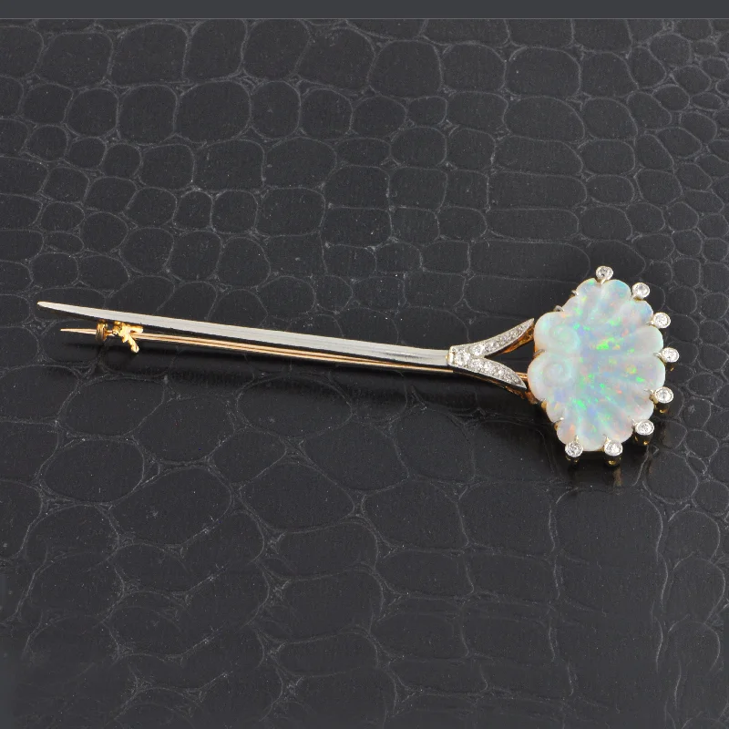 Engagement rings with halo of tiny rubies -Magnificent Antique Edwardian Carved Australian Opal and Diamond Stick Pin