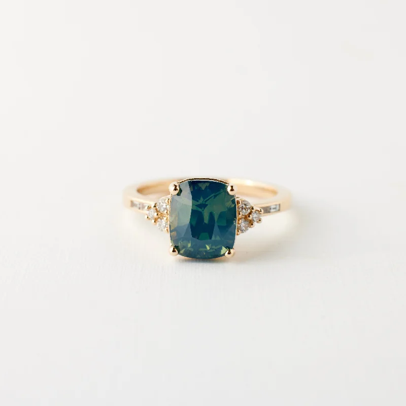 Engagement rings with faceted malachite for swirls -Marigold ring - 3.47 Carat Teal Opalescent Cushion Sapphire