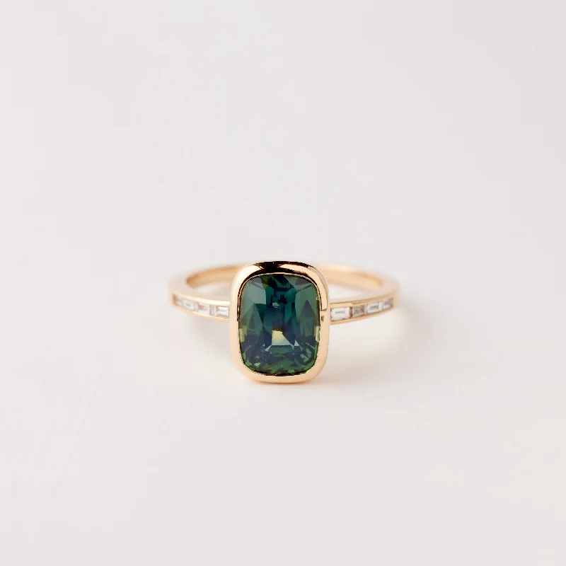 Engagement rings with hidden aquamarine stone accents -Presley Ring - 2.62 Carat Green Teal Cushion Sapphire