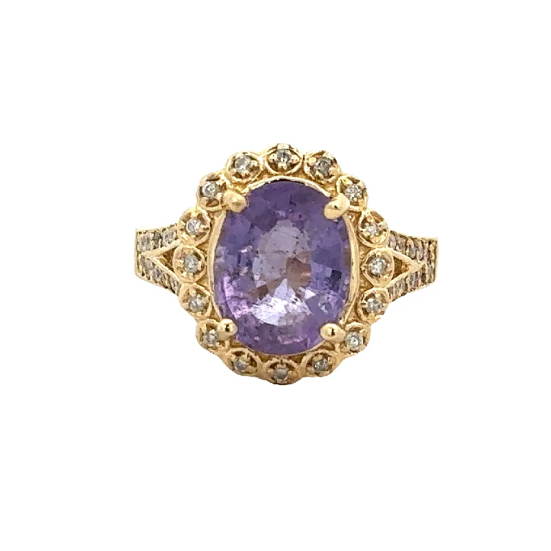 Engagement rings with halo of vibrant citrine -Purple Tourmaline and Diamond Ring in Yellow Gold