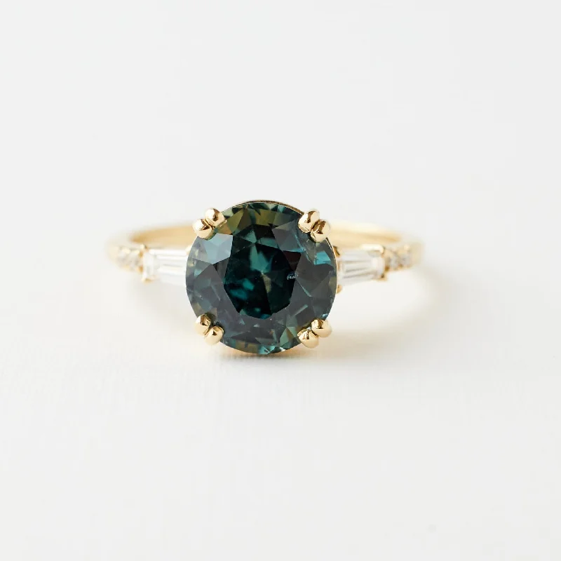 Gold engagement rings with pear-cut sapphire gems -Sylvie Ring - 3.20 Carat Teal Round Sapphire