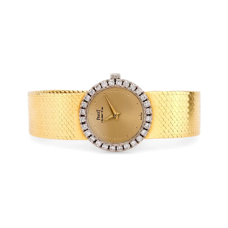 Engagement rings with crisscross onyx band designs -Timeless Piaget diamond 18k yellow gold watch