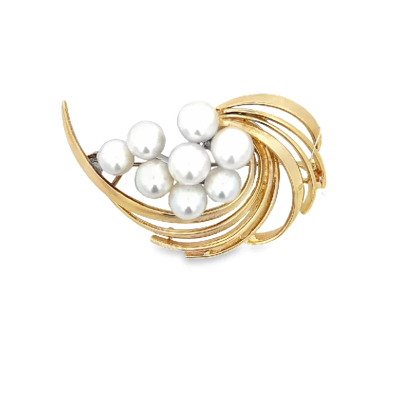 Engagement rings with bold tiger eye stones -Vintage 1950s-60s Mikimoto Akoya Cultured Pearl Brooch in Yellow Gold