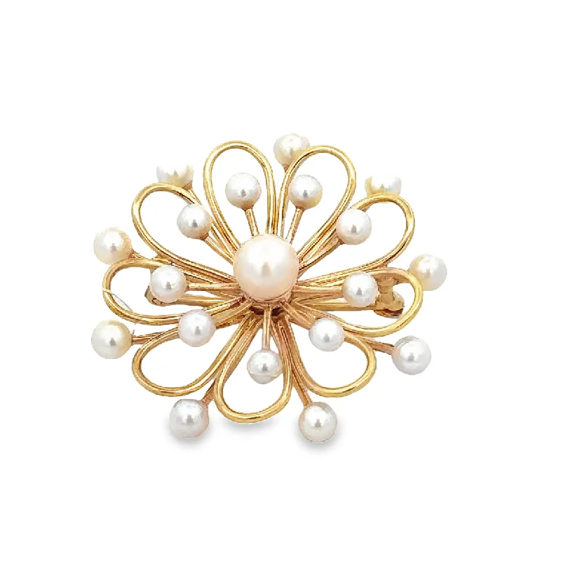 Engagement rings with halo of tiny rubies -Vintage 1980s Akoya Pearl Brooch in Yellow Gold