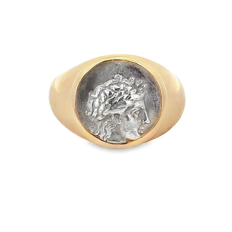 Engagement rings with radiant aquamarine center stones -Vintage 1980s Ancient Greek Silver Coin Ring in Yellow Gold