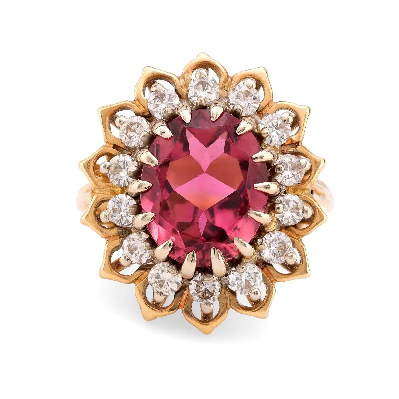 Engagement rings with cushion halo of garnet -Vintage 3.30 carat pink tourmaline diamond 14k yellow gold cluster ring