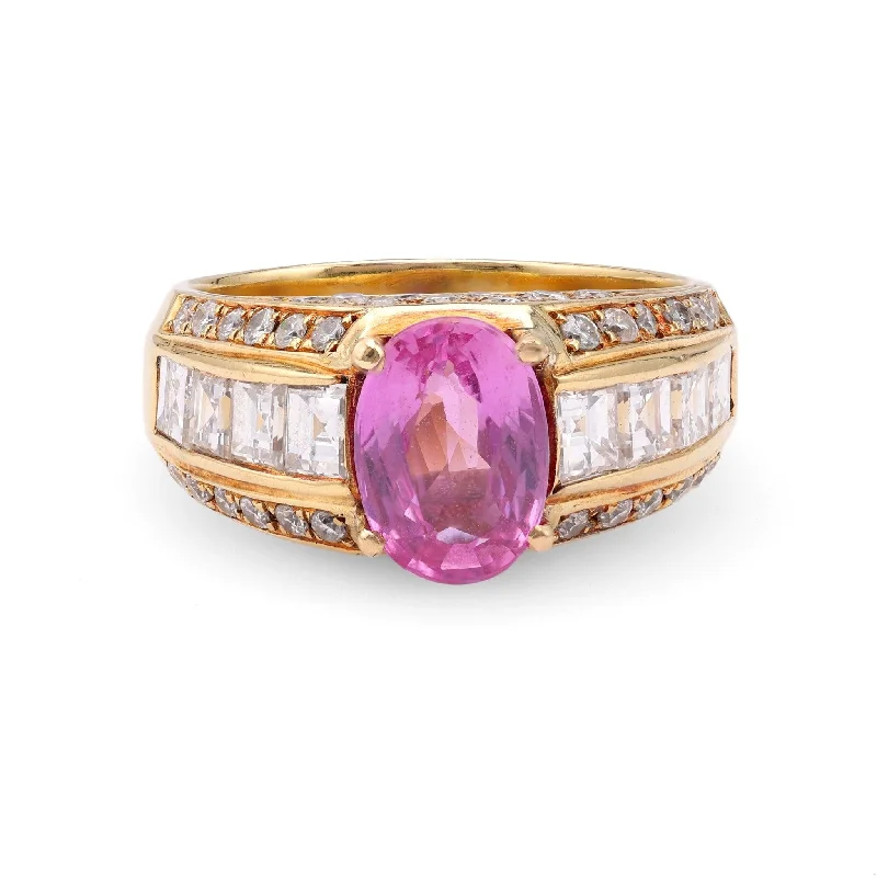 Engagement rings with classic round sapphire brilliance -Vintage GIA 1.94 Carat Madagascan Purplish Pink Sapphire Diamond 18k Yellow Gold