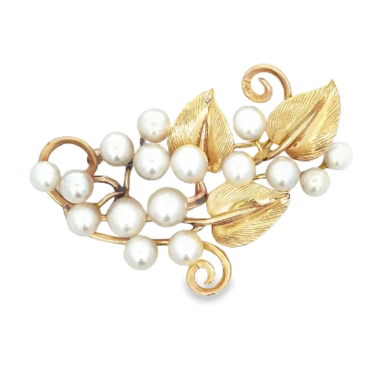 Engagement rings with spiral onyx for edge -Vintage Ming's 1950s Akoya Cultured Pearl Brooch in Yellow Gold