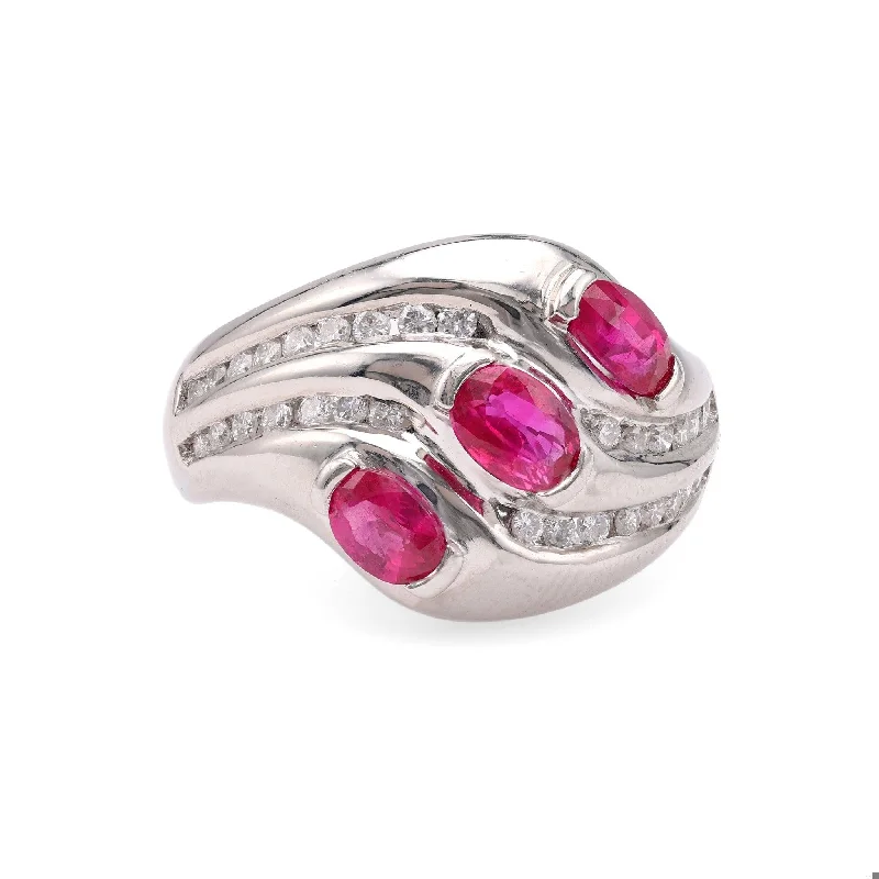 Engagement rings with infinity twist diamond bands -Vintage Ruby Diamond Platinum Ring