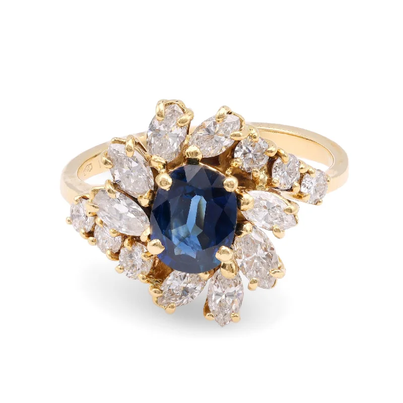 Engagement rings with yellow gold floral halos -Vintage Sapphire Diamond 18K Yellow Gold Cluster Ring