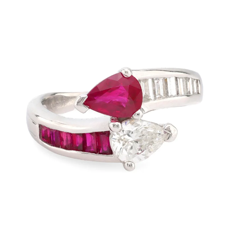 Engagement rings with cushion halo of garnet -Vintage toi et moi platinum ruby and diamond ring