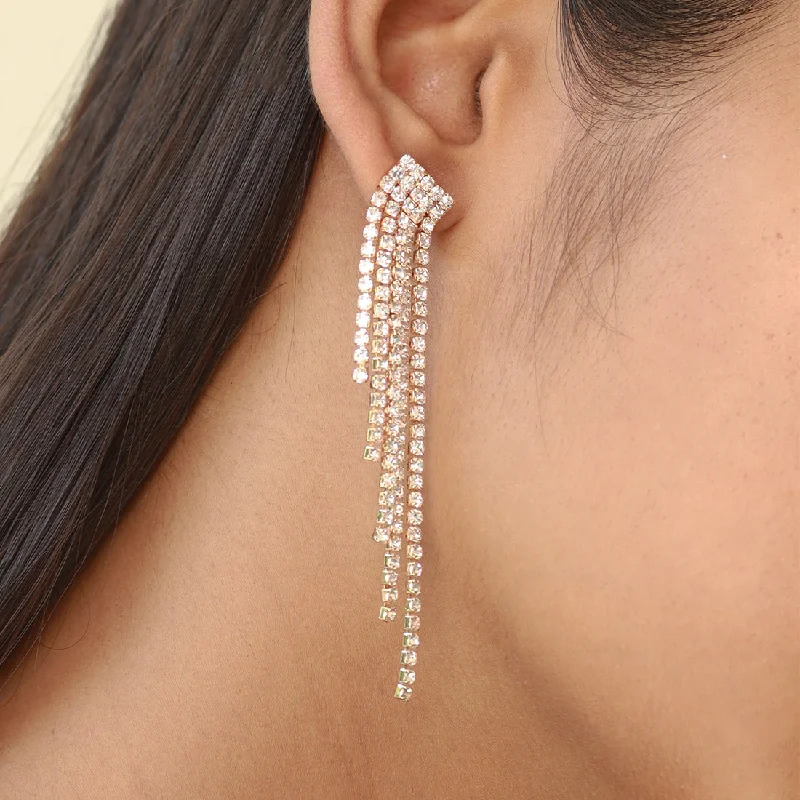 Drop Earrings for Formal Attire -Ayesha Contemporary White Diamante Crystal Studded Gold-Toned Long Asymmetric Tassel Drop Earrings